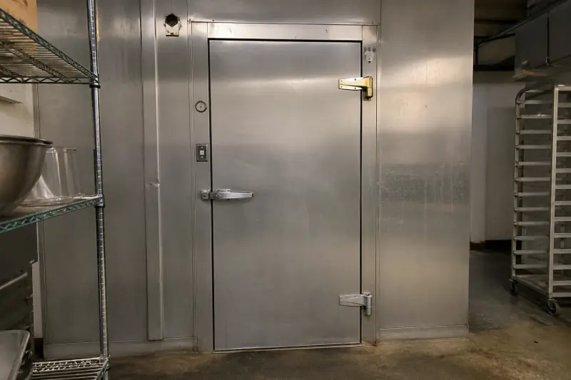 Commercial walk-in freezer door in a restaurant kitchen near downtown Leesburg Virginia
