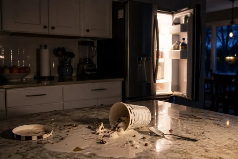 Kitchen freezer door open at dusk during a Leesburg Virginia food-loss emergency