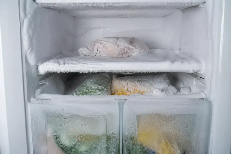 Frosted freezer interior from humid Spring Lakes Leesburg garage conditions