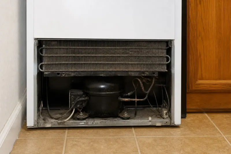 Open compressor and condenser area of a kitchen freezer being inspected for noise in Leesburg