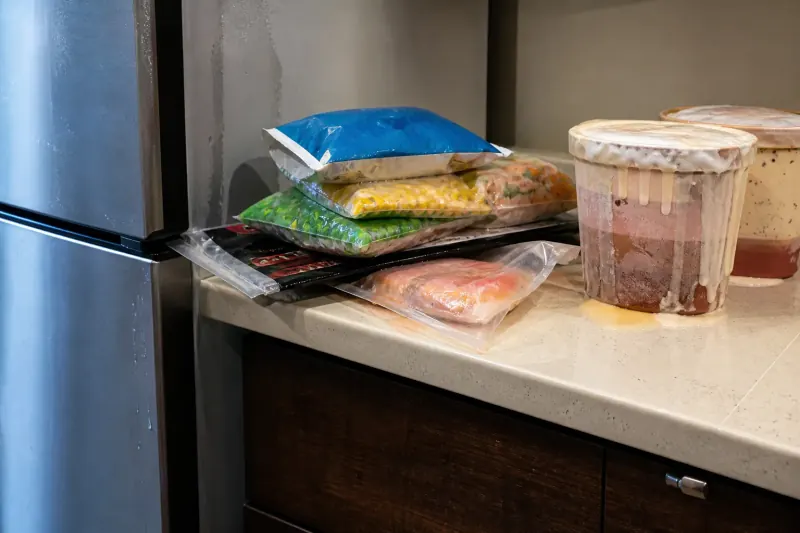 Thawed frozen food on a Leesburg kitchen counter from a freezer not freezing