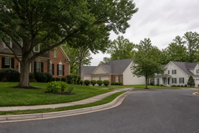 Leafy residential street of single-family homes in Leesburg Virginia