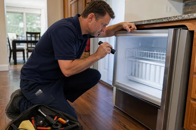 Independent appliance technician inspecting a kitchen freezer in a Leesburg Virginia home