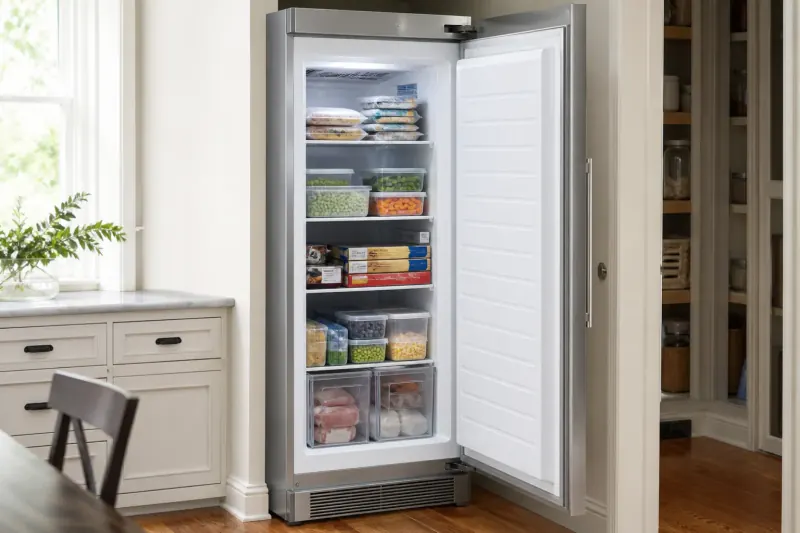 Upright freezer in a compact Leesburg kitchen similar to Potomac Crossing townhomes